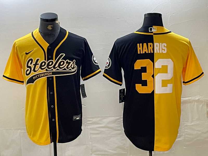 Mens Pittsburgh Steelers #22 Najee Harris Yellow Black Split With Patch Cool Base Stitched Baseball Jersey Dzhi->pittsburgh steelers->NFL Jersey